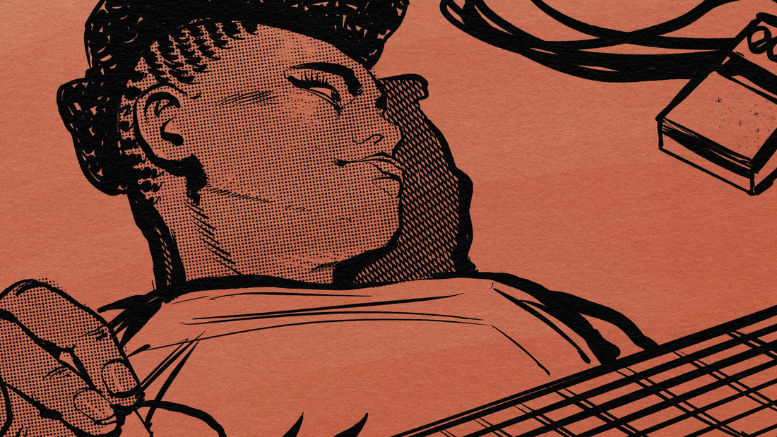 Drawing of woman on the floor playing the guitar